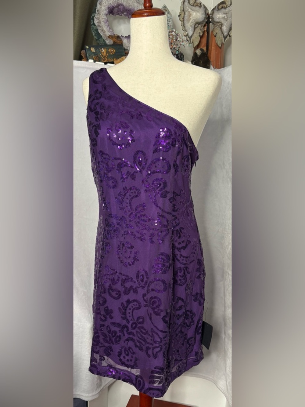 Lulus Purple Sequin One Shoulder Mini Dress XL Triple Strap NWT - Picture 3 of 16
